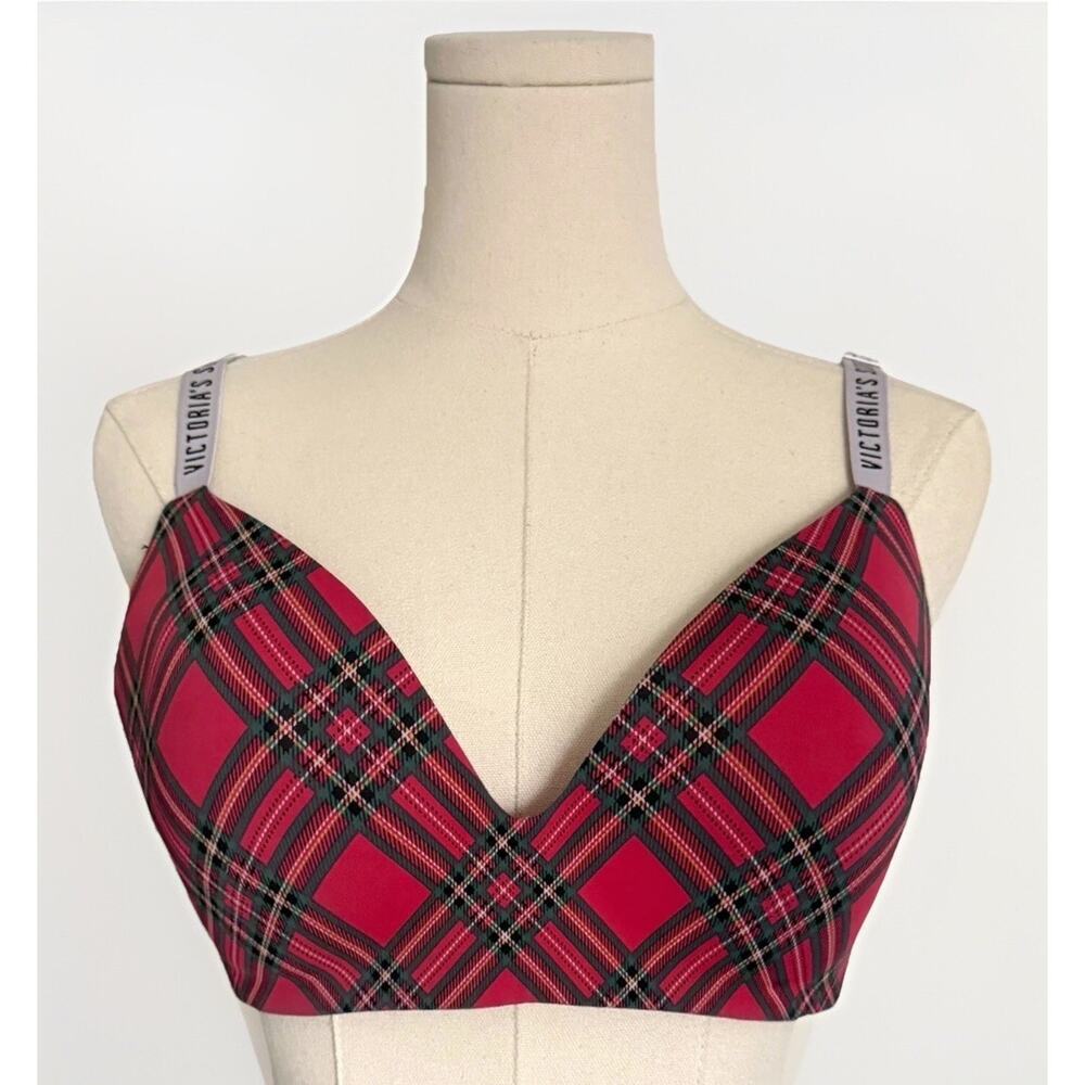 Victorias Secret Plaid T-Shirt Bra 38D Red Lightly Lined Wireless Molded Comfort
